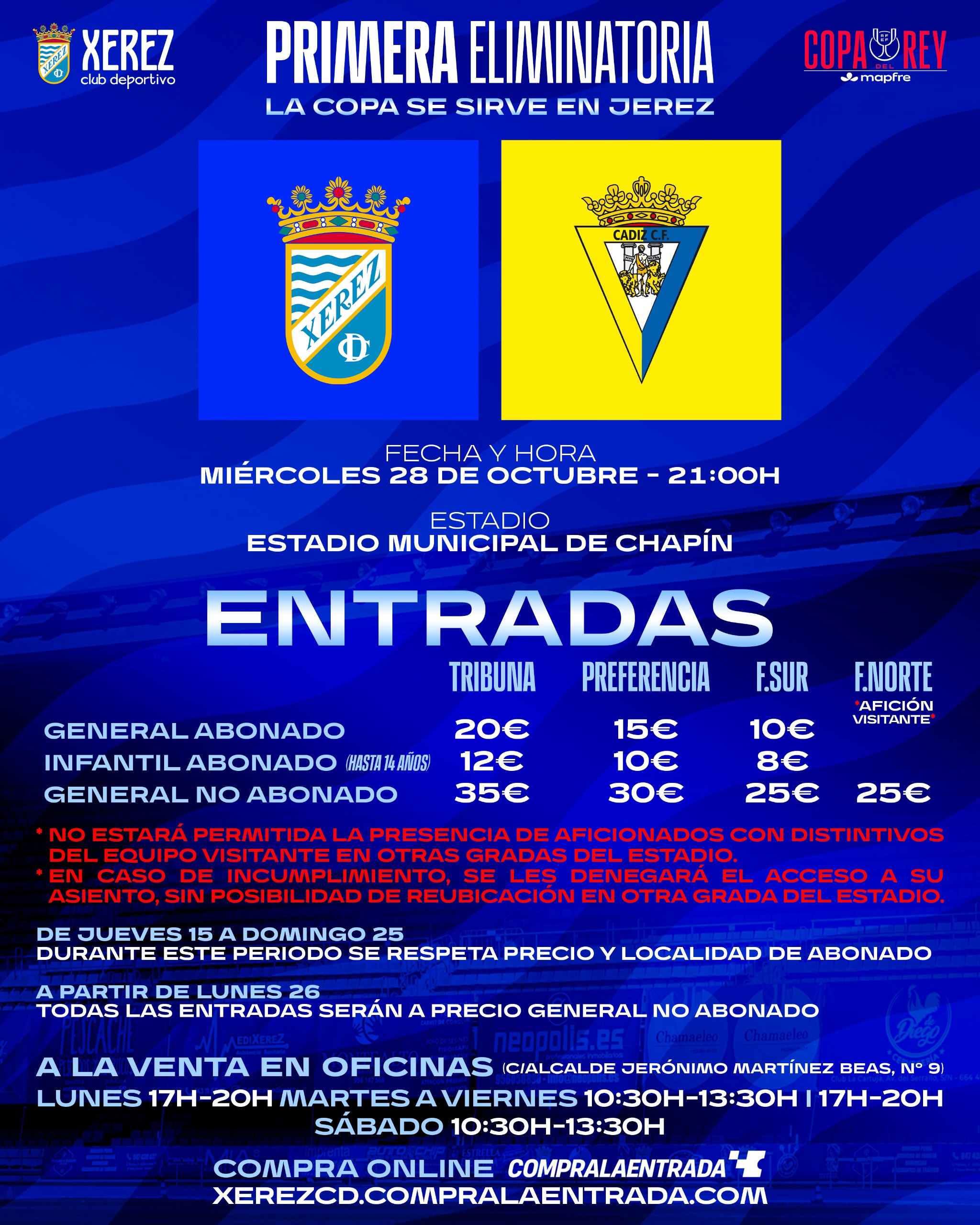 Cartel del Xerez CD con los precios de las entradas para el partido de Copa del Rey ante el Cádiz CF