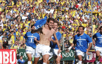 Xerez CD players celebrate a goal against Cádiz CF